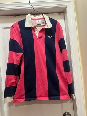 adidas Kids Pink and Navy Striped Rugby Polo with White Collar